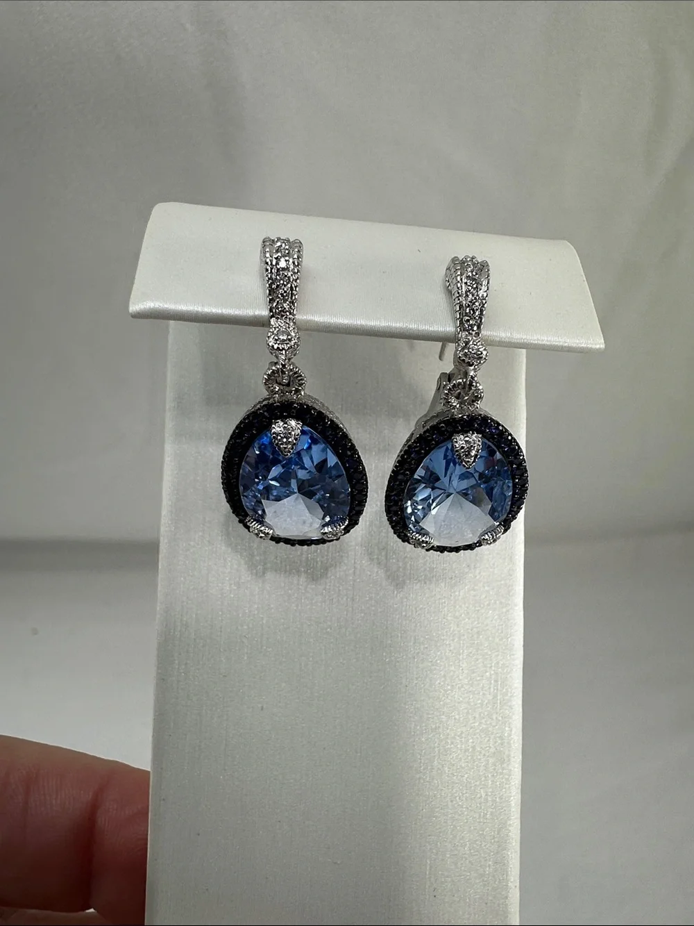 New Judith Ripka Capri Sterling Silver Pear Blue Crystal Lever Back CZ Earrings